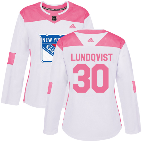 Adidas Rangers #30 Henrik Lundqvist White/Pink Authentic Fashion Women's Stitched NHL Jersey - Click Image to Close